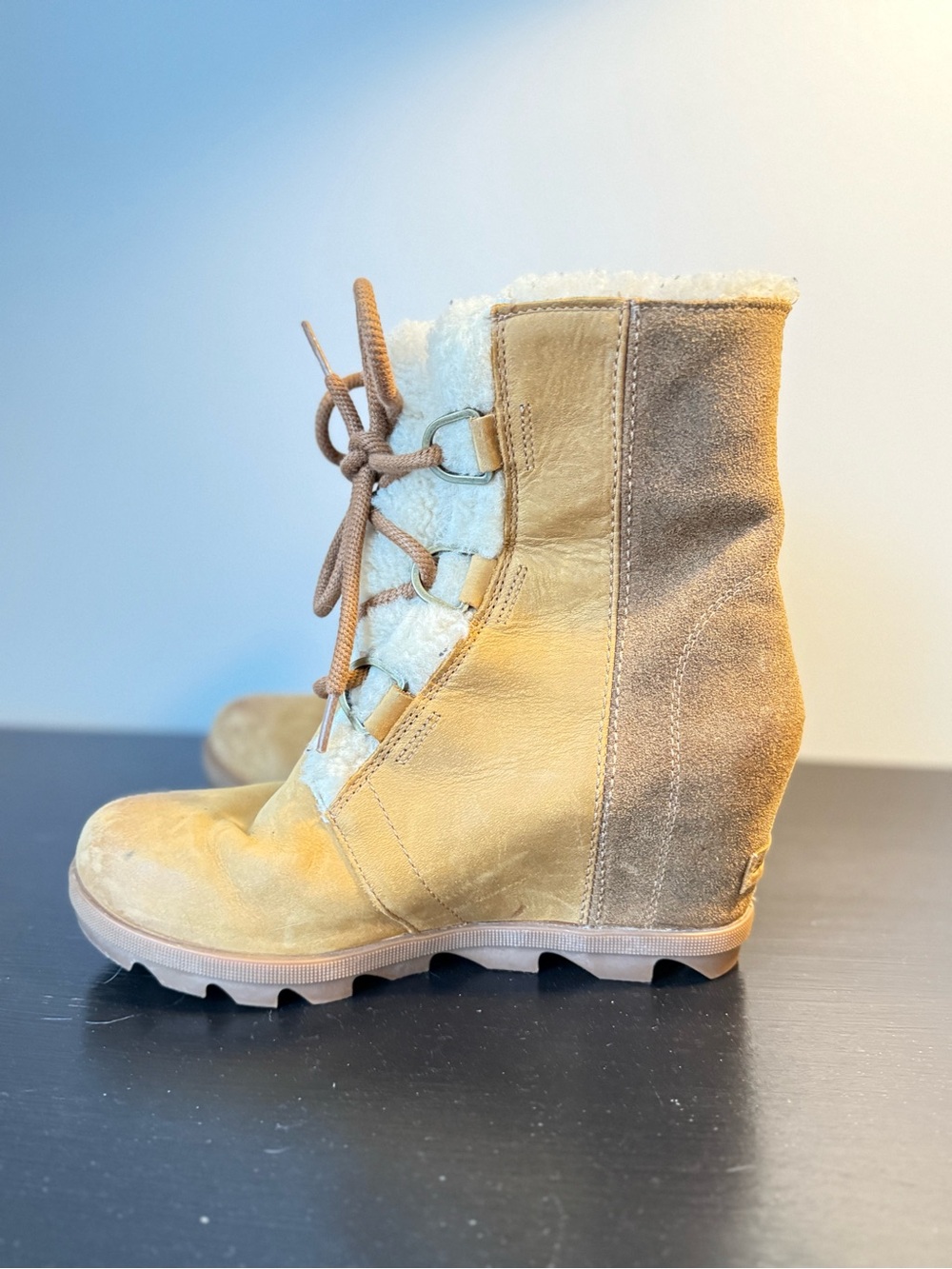 Sorel Chestnut Tan Suede Lace-Up Wedge Boot with Shearling Trim